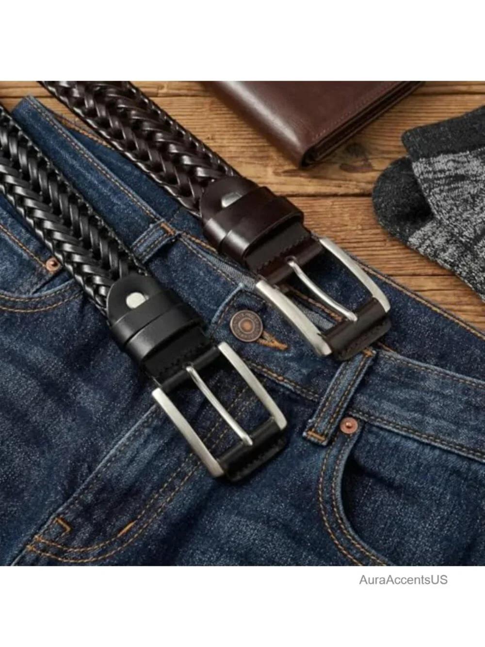 2 Pack Leather Braided Belts for Men Adjustable PU Leather Woven Belts